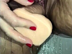 Taking shower and masturbating with toys - Solo masturbation with toy before shower