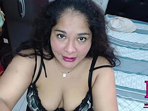 licking my stepfather's cock until he cums on my tits while mom is away