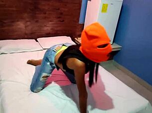 I love how my brunette girlfriend tells me she wants to celebrate Halloween in a hotel bed, puts on a mask, shakes her body and hips so sexy, and finally gets naked for me