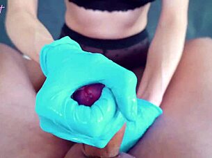 Neighbor begs for intense handjob in blue surgical gloves pov style
