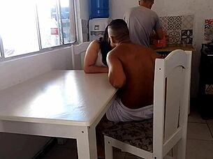 The naughty married woman has rough sex with a well-endowed black man. Meanwhile her partner washes dishes in the kitchen.