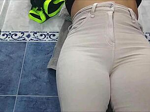 Camera in bathroom captures women using toilet with big streams outdoors