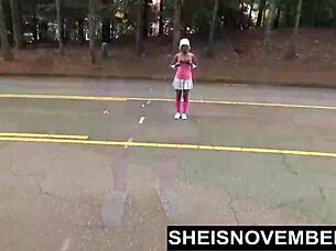 Outdoor walking with a man after a blowjob while she kneels