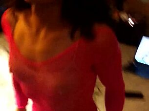 Shemale crossdresses in pink hotel outfit