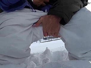MILF mom self pleasure in the snow with pierced nipples and pussy lips