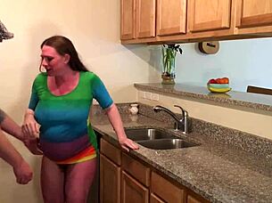Older MILFs greedy cock and ass are stretched by stepsons big cock in a kitchen