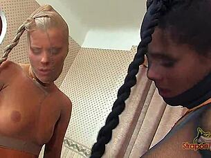 Enjoy a strapon threesome with long legs as European coed