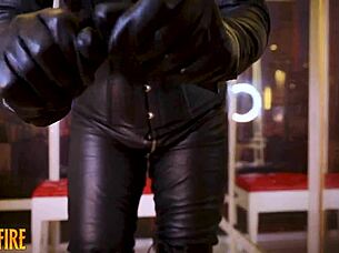 Gloved leather whipping her sub to shape