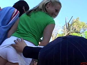 College Slut entices 3 men to fuck her in public