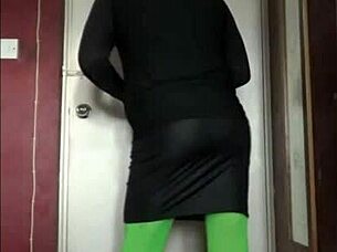 Sissy crossdresser has a shower, then swallows his own pee