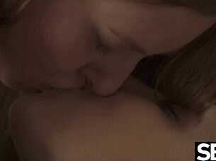 Cute lesbians lick each other's juicy pussy to intense orgasms in close up.