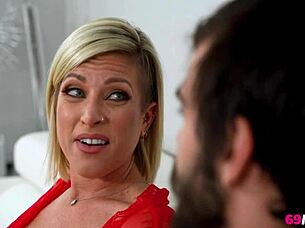 Big tits blonde Kaylynn gives her stepson a blowjob