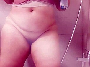 hot brunette in the shower, touching her shaved pussy and big ass, feeling so horny?
