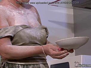 Adult couple enjoys lesbian fun in kitchen including a blonde teen and brunette milf