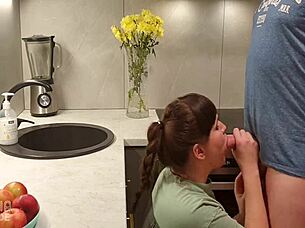 MILF pays stepmom to teach sex in kitchen and fuck with huge cock