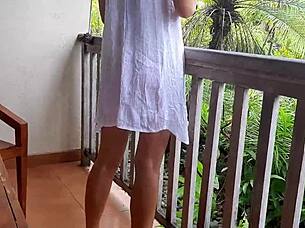 Amateur joignal masturbation of open pussy on a hotel balcony