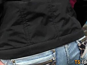 A transsexual gang bangs multiple men in a lingerie cladded threesome