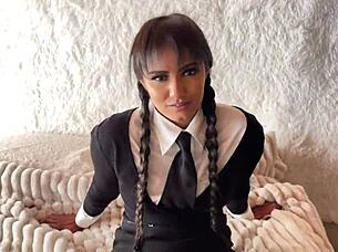 In my favorite gothic outfit, dressed as Wednesday Addams, I was performing sloppy blowjob
