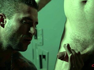Steamy locker room sex… A muscular trainer gets enticed by a tattooed stud