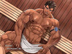 A handsome young man takes sex with a well endowed man in his sauna