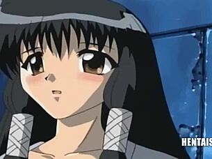 Dominant officer has sex with the most attractive females in the military force, amounting to explicit breast contact and submissive role in a Japanese animation