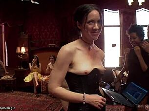 Blond on a table gets tied up by BDSM group for rough sex