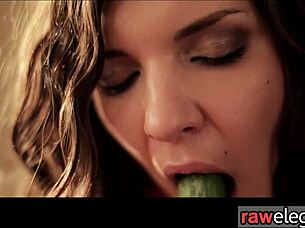 A sensual babe licks her erogenous food play and her lovely gash