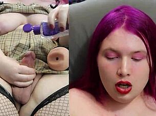 Hey, watch this chubby tranny stroke her big cock?