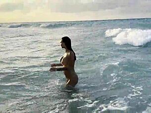 Atlantic ocean, and she shows her nude body on a public seaside, Monika Fox basks