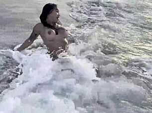 Atlantic ocean, and she shows her nude body on a public seaside, Monika Fox basks