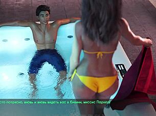 Wife in bikini plays game, revealing bra and nipples in jacuzzi lust scene.