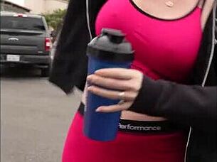 Seductive slender wife; sex in car after going for a workout