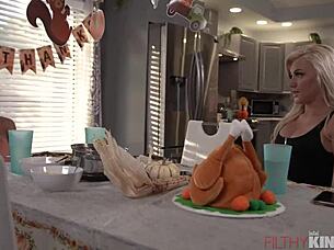 This video is a pornographic one: a wicked milf eats the boyfriend’s big cock during Thanksgiving dinner
