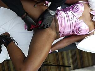 Ebony babe has fine massage table action with fingers and anal toys, Ebony babe gets anal toys action
