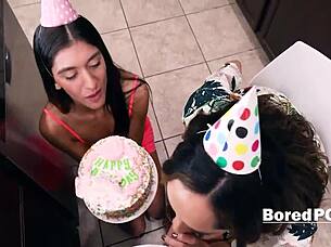 A 3some with a hot step mom on her birthday from POV