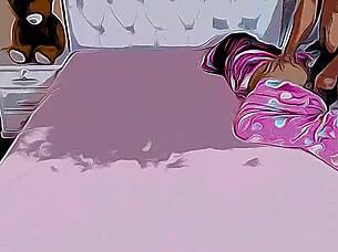 Cartoon hentai perverted father trains stepdaughter in sexual acts when mother is absent