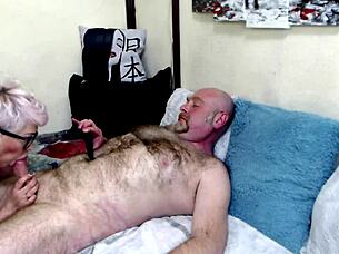 In this one a mature woman eagerly gives a bald man a blowjob and allows him to ejaculate on her face
