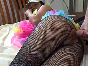 Fishnet clad amateur gets spanked and covered in jizz on her ass