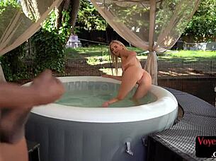 Black amateur tells blonde femdom about his big cock outdoors