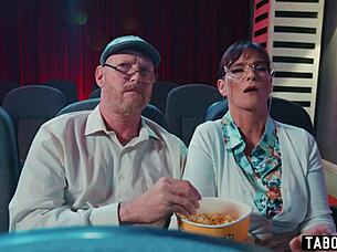 Athena Faris and partner commit to public sex in a movie theatre that disturbs the customer experience of older viewers