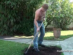 French mature woman in lingerie get rough sex and facial from gardener