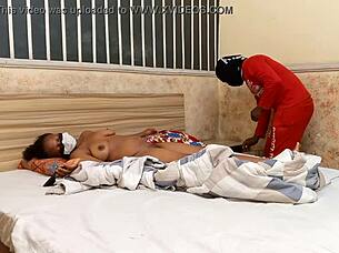 A small breasted slender woman comes home and engages in sexual activity with a muscular man who as well, is an IV drug user