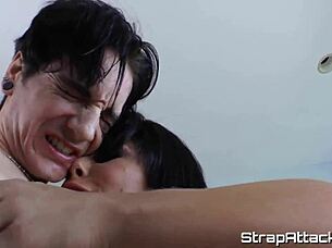 An intense cumshot from the kinky strap on and blowjob of Femdom