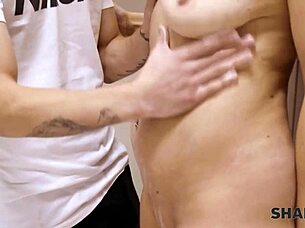 Mature blonde with young Russian guy in the bathroom for sexual encounter
