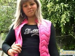 This Petite teen Sammy gives a passionate blowjob and gets her tiny pussy pounded