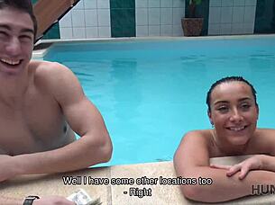 Hottie dives into pool fun while pleasing the owner. What’s her secret game?