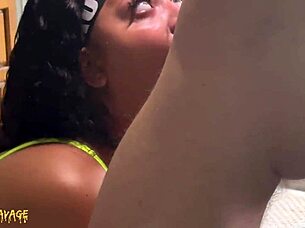 Caucasian man plays with a dark skinned woman’s vagina before also giving her a massive facial ejaculation