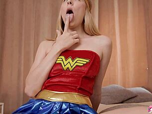 Adorable cosplayer Mary dries herself off, slipping into her Wonder Woman costume as she indulges in some self play, working herself to a frenzy with her skillful oral skills before taking on a challenge — satisfying a firm shaft