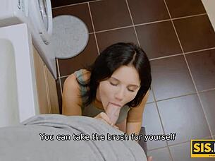 A young man finally accomplishes sexual intercourse with the voluptuous stepsister after a heated argument in the shower