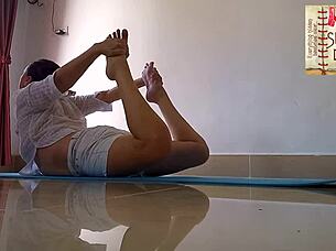A body positivity series in which a curvy woman in panties poses doing yoga at the gym